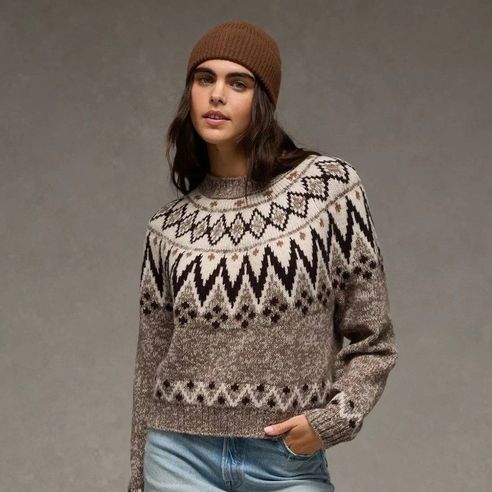 American Eagle Outfitters Brown & Cream Fair Isle Crewneck Sweater